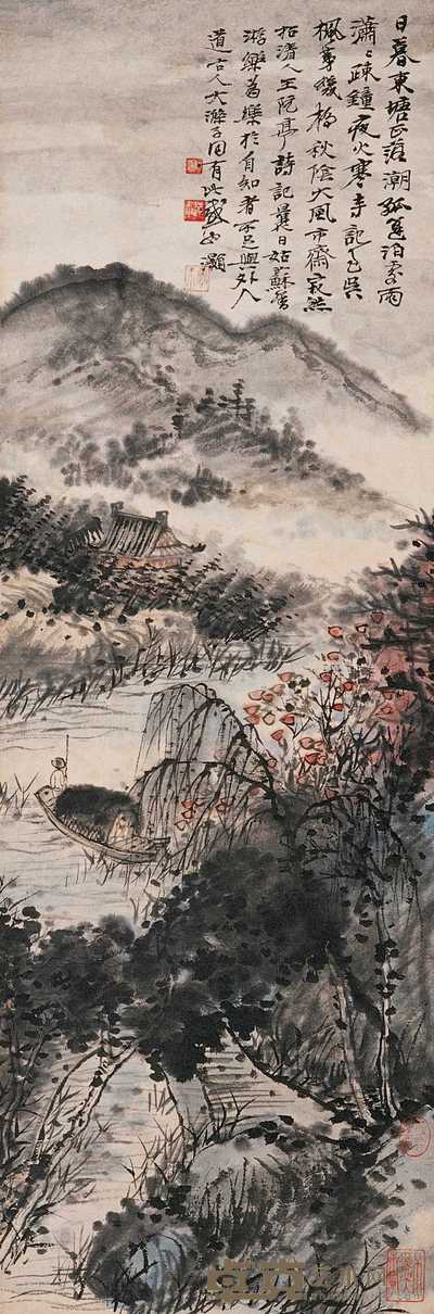 吴灏 姑苏夜泊图 立轴 102.5×34.5cm